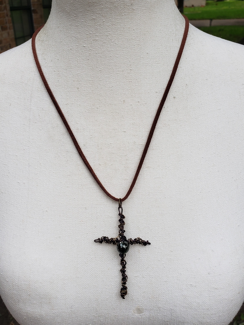 Rustic Brown Cord Cross Necklace with Dark Metal Pendant